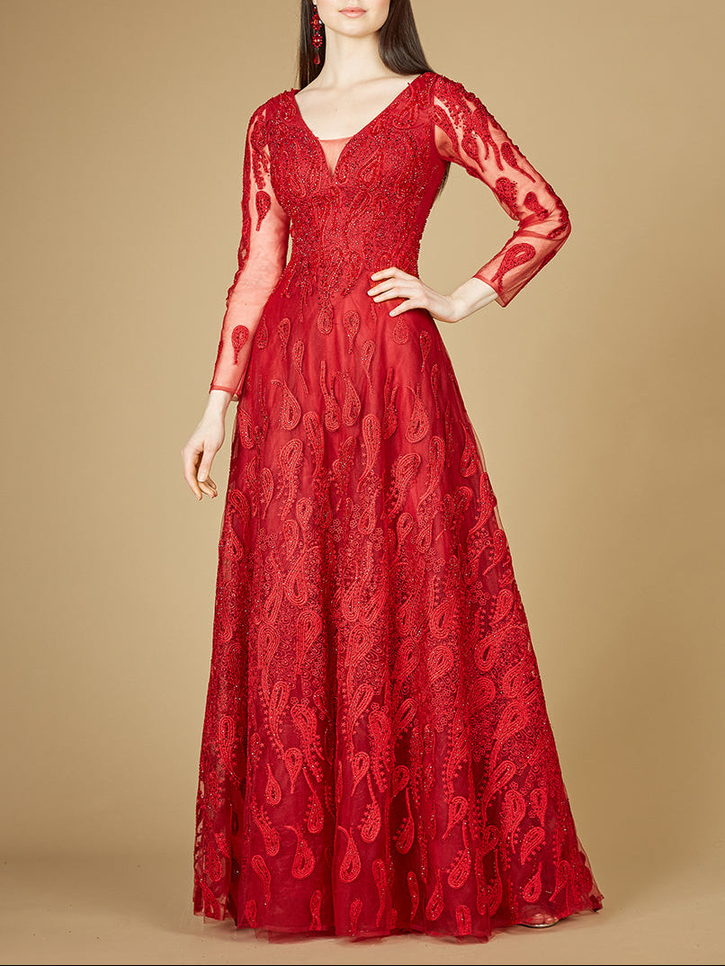 Long Sleeve V-Neck Ballgown - OUTLET