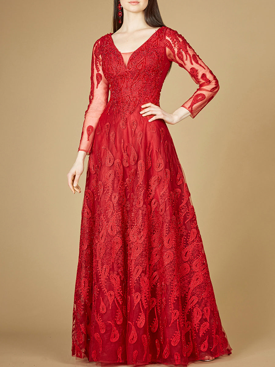 Long Sleeve V-Neck Ballgown - OUTLET