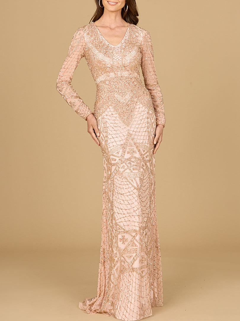 Beaded Long Sleeve V-neck Gown - JUSTLUXURY