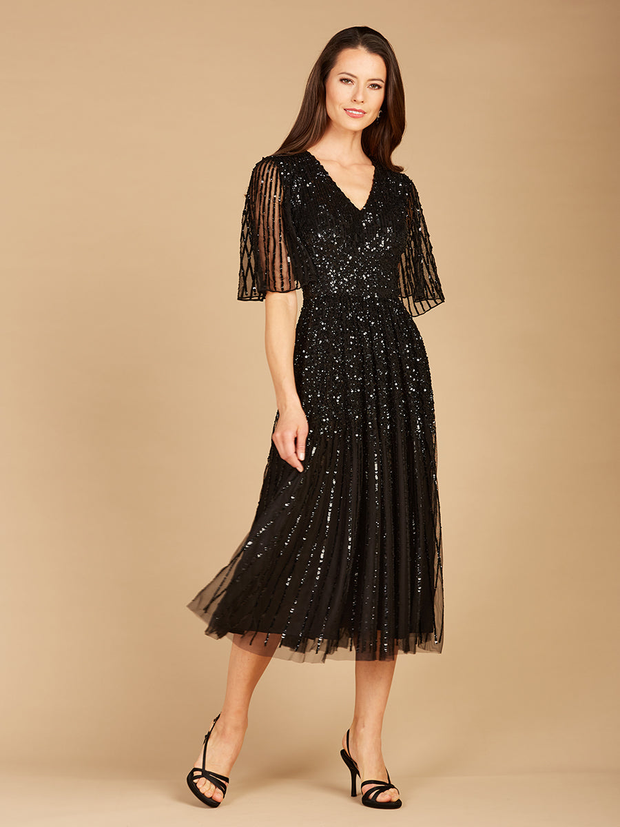 Flowing, Sequin Midi Dress with Short Sleeves | 29221 - JUSTLUXURY
