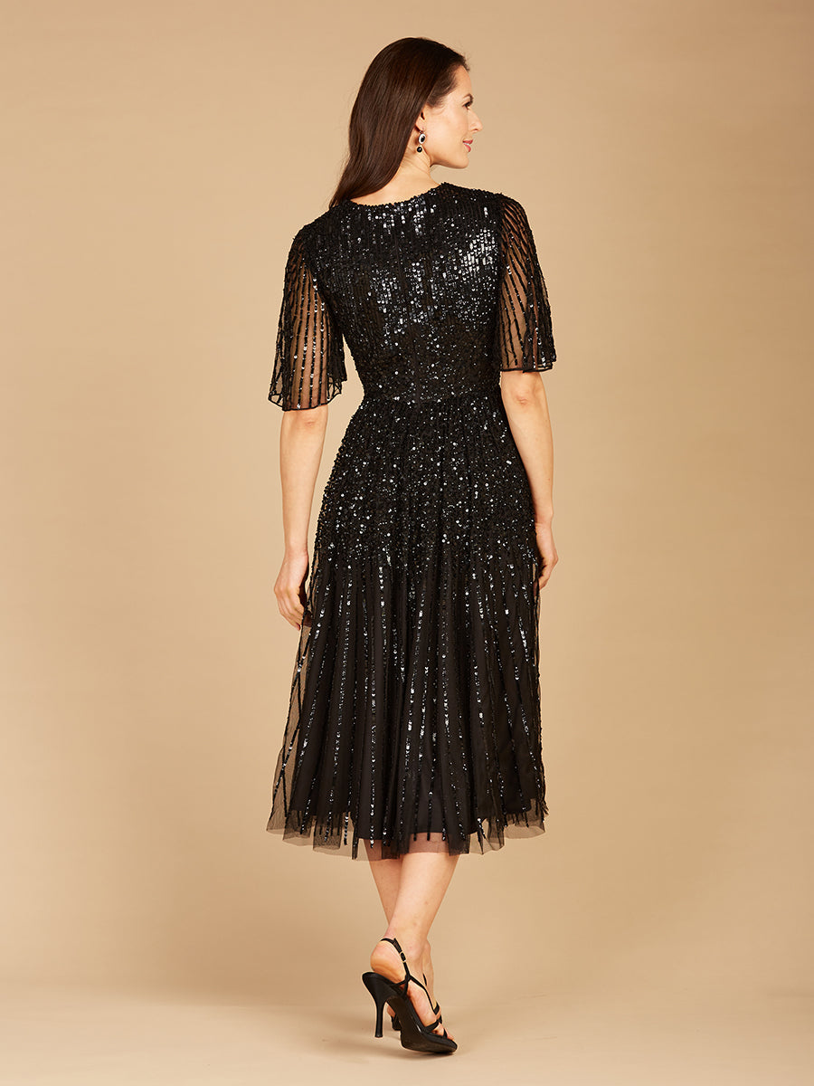 Flowing, Sequin Midi Dress with Short Sleeves | 29221 - JUSTLUXURY