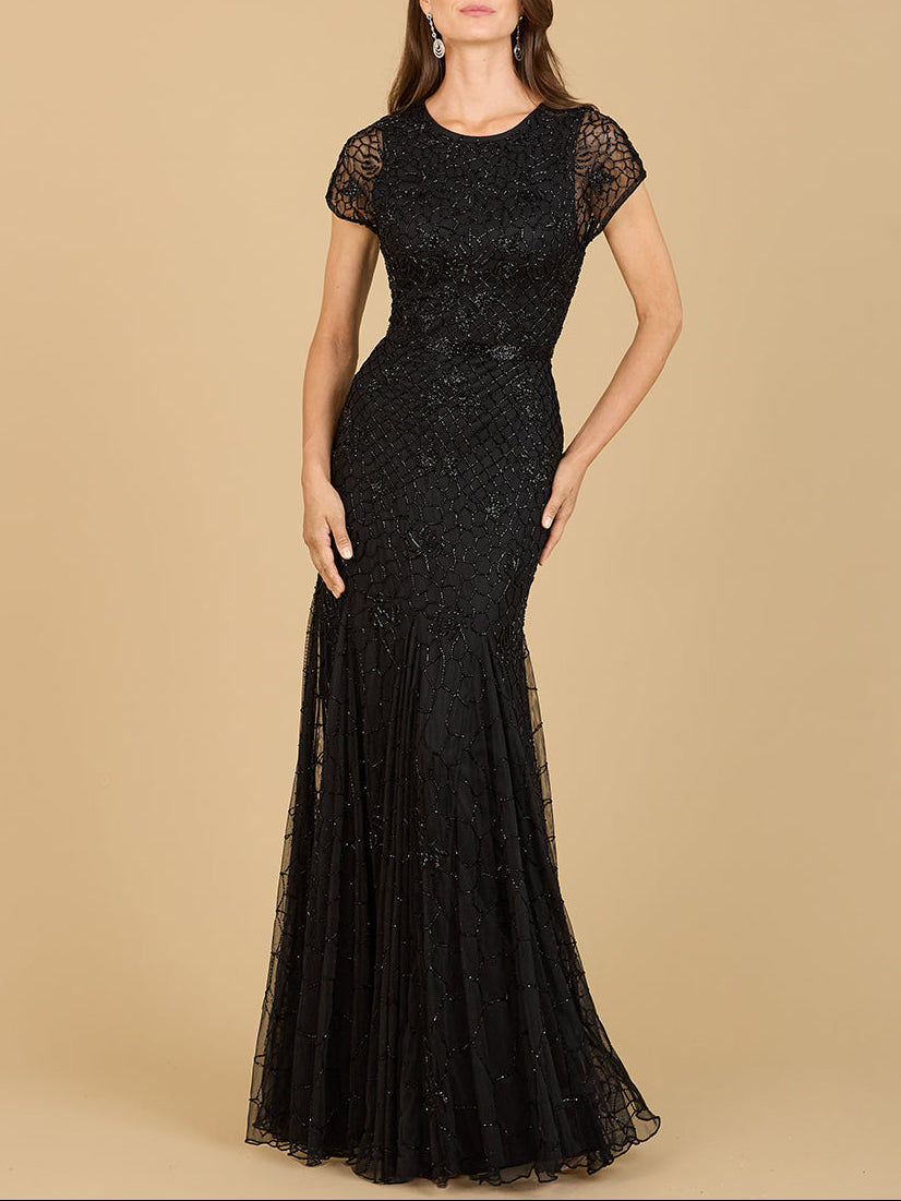 Beaded Mermaid Cap Sleeve Gown - JUSTLUXURY