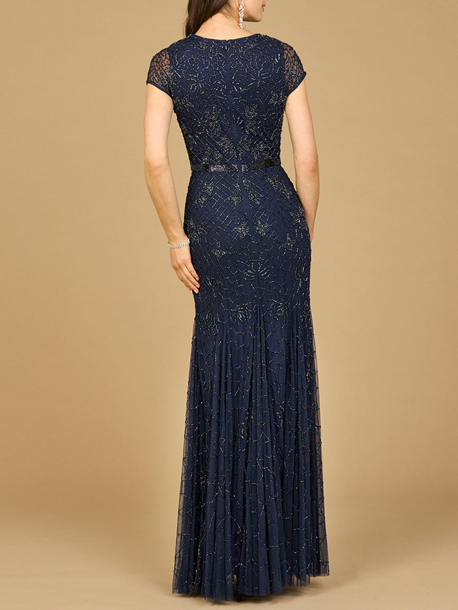 Beaded Mermaid Cap Sleeve Gown - JUSTLUXURY