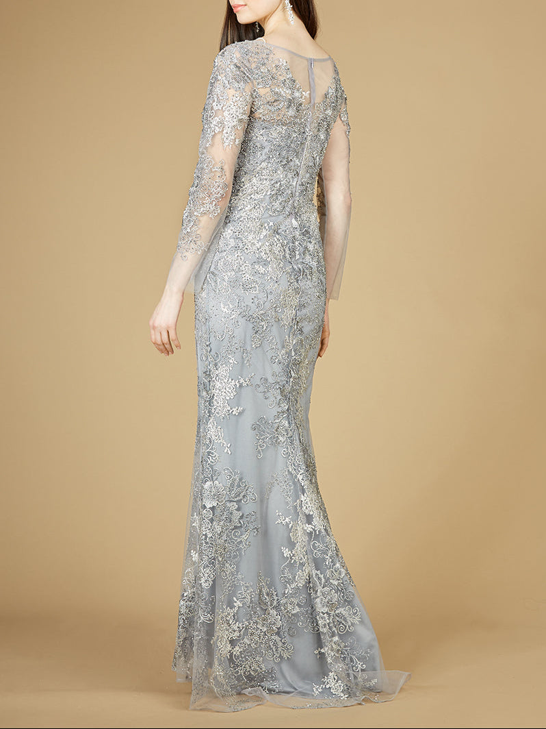 High Neck Long Sleeve Fitted Lace Gown - JUSTLUXURY