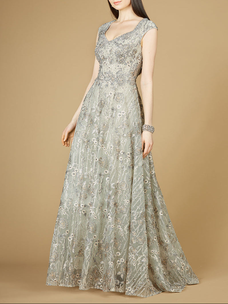 Cap Sleeve V-Neck Lace A-line Gown - JUSTLUXURY