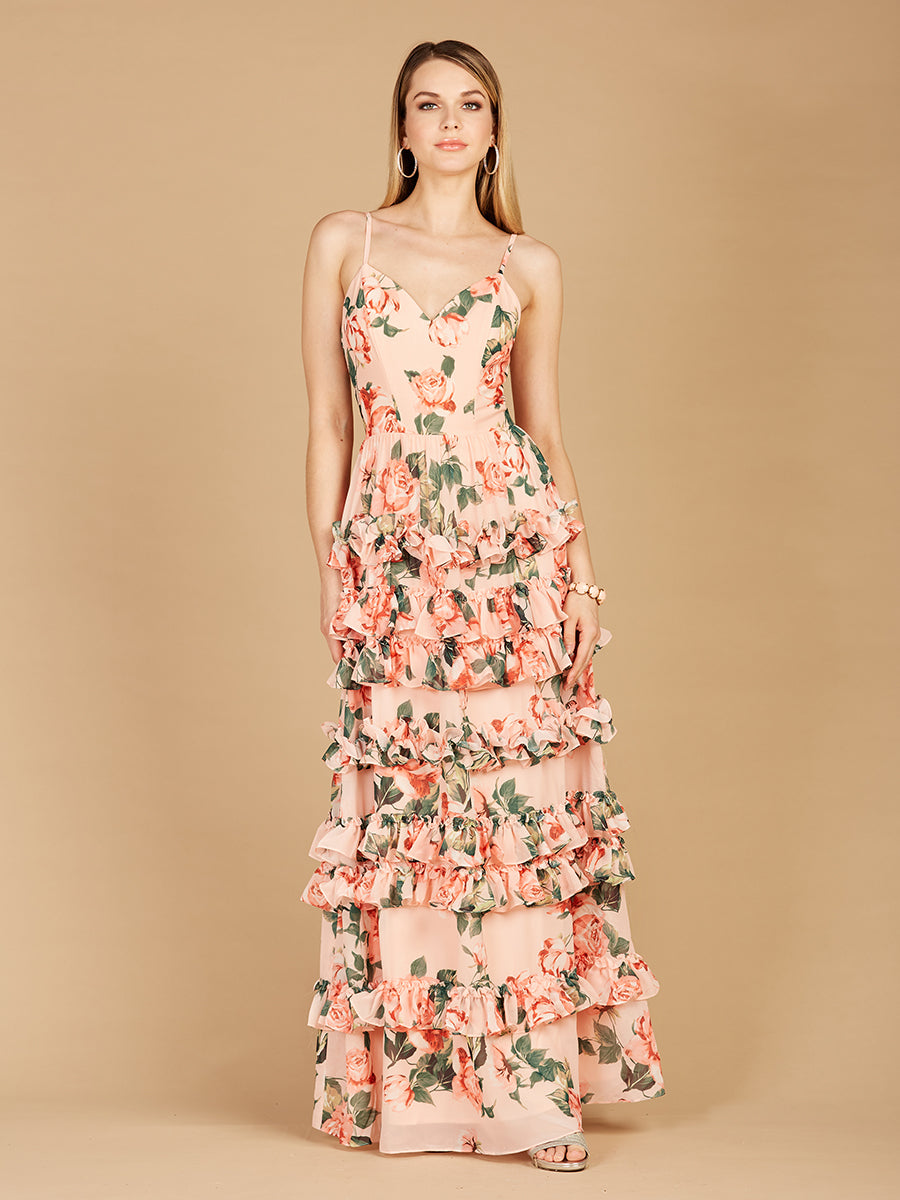 Ruffle Skirt Printed Gown with Spaghetti Straps - OUTLET - JUSTLUXURY