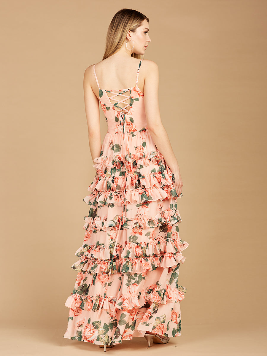 Ruffle Skirt Printed Gown with Spaghetti Straps - OUTLET - JUSTLUXURY