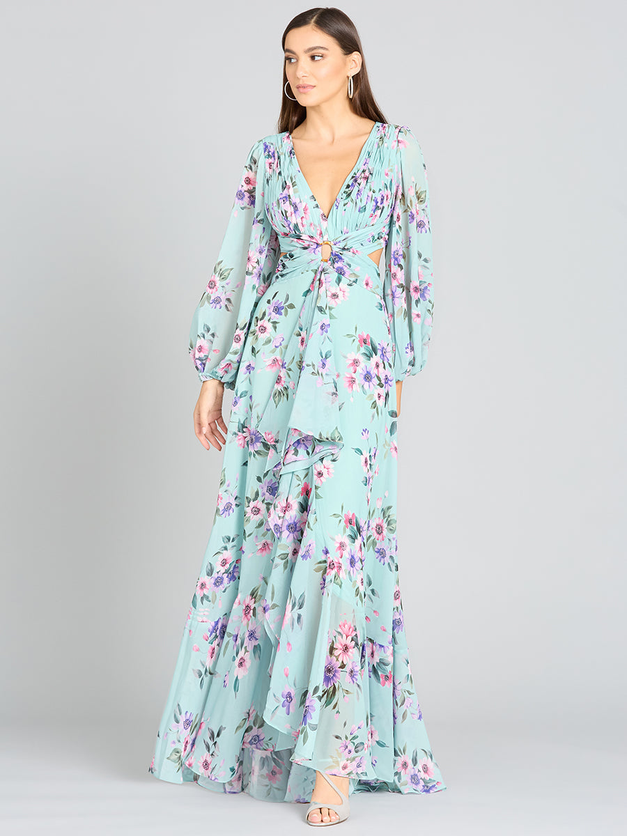 Long Sleeve V-Neck, Layered Skirt Print Dress- OUTLET - JUSTLUXURY