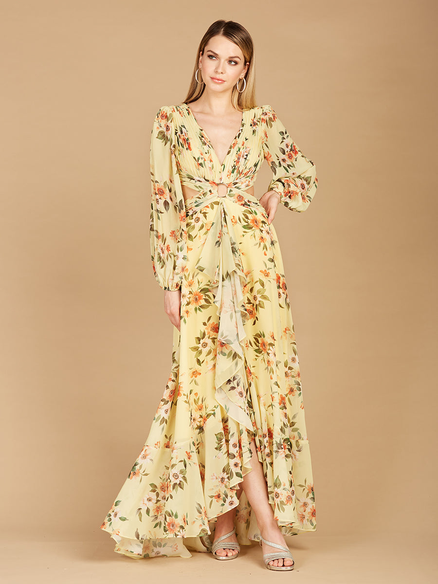 Long Sleeve V-Neck, Layered Skirt Print Dress- OUTLET - JUSTLUXURY