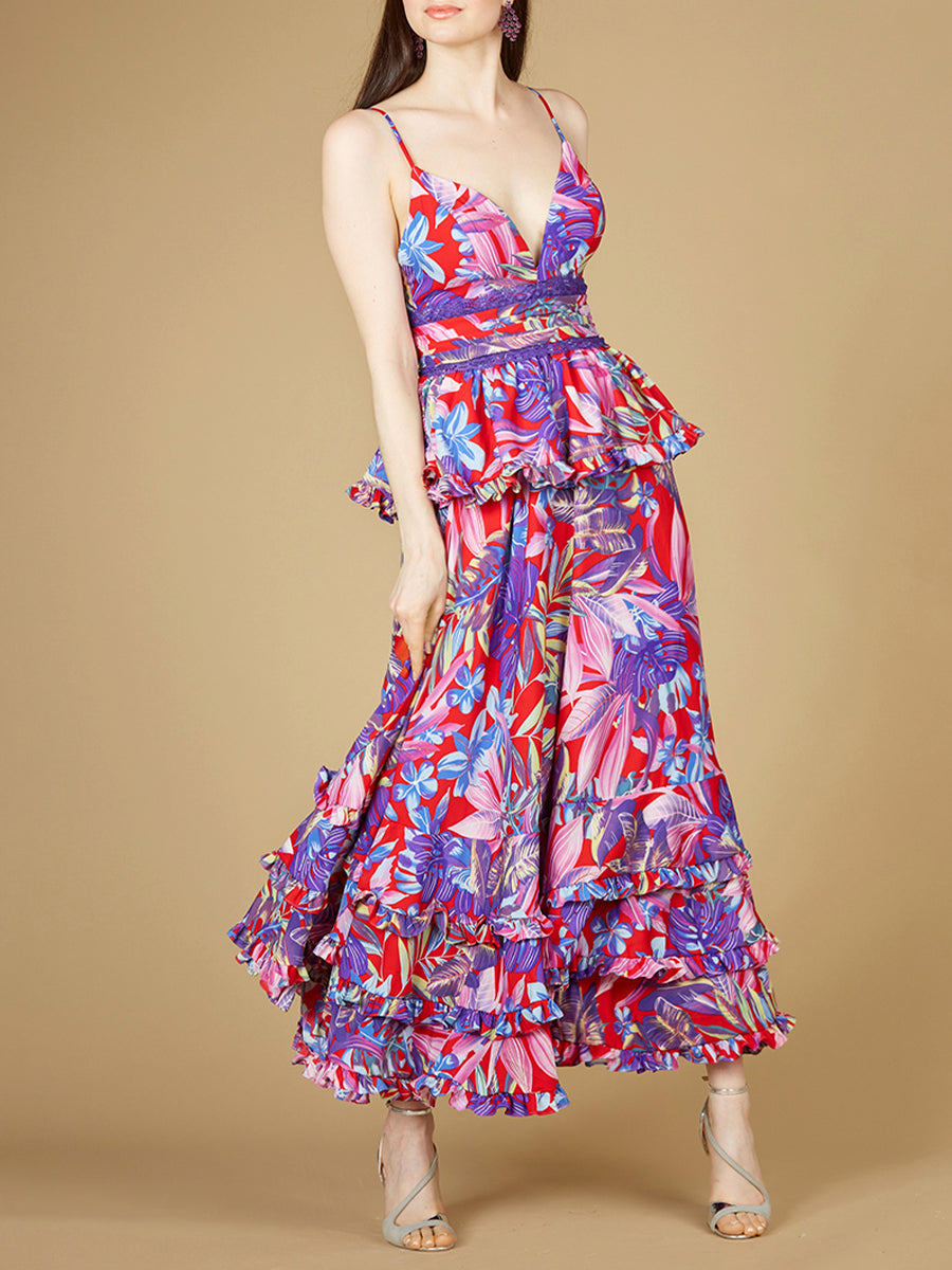 Ruffle Skirt Printed Gown - OUTLET - JUSTLUXURY
