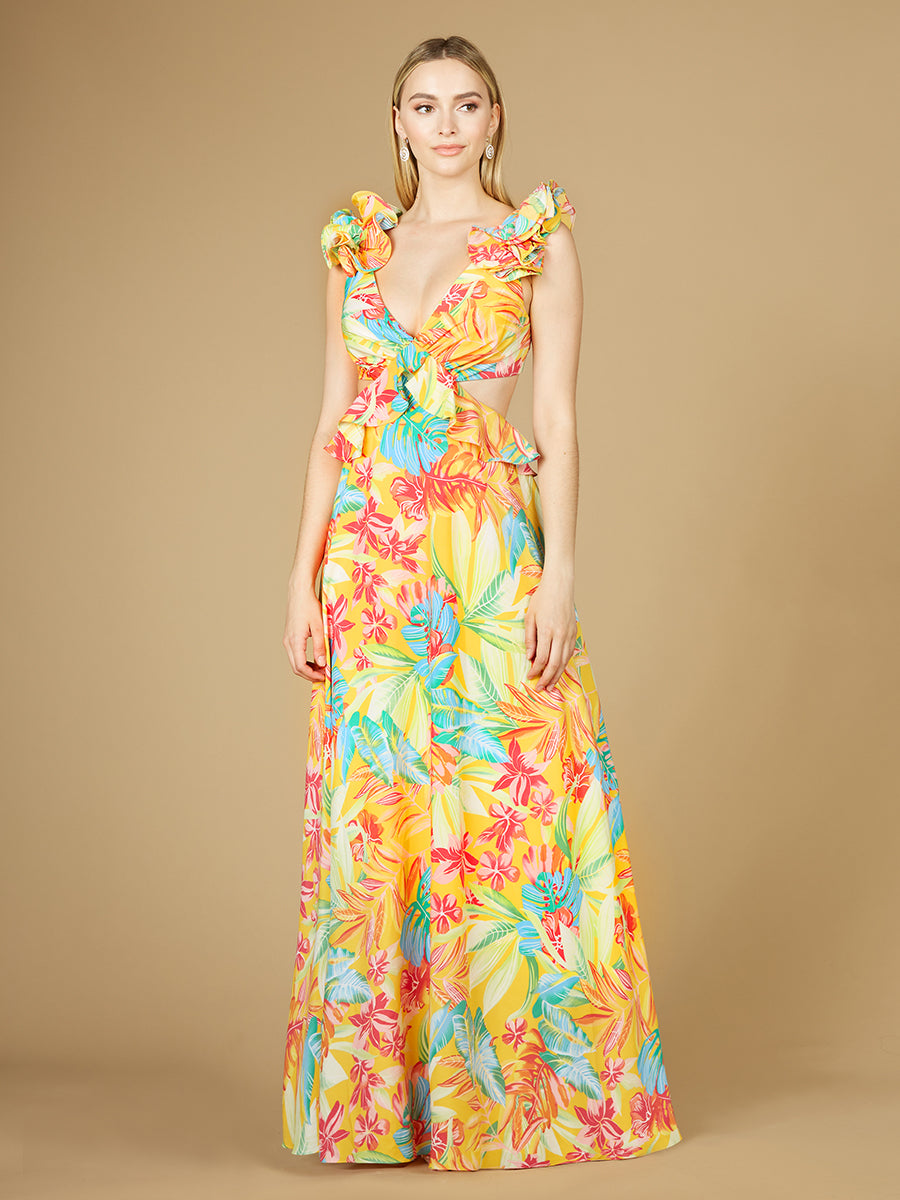 V-Neck Long Print Gown with Ruffled Straps - OUTLET - JUSTLUXURY