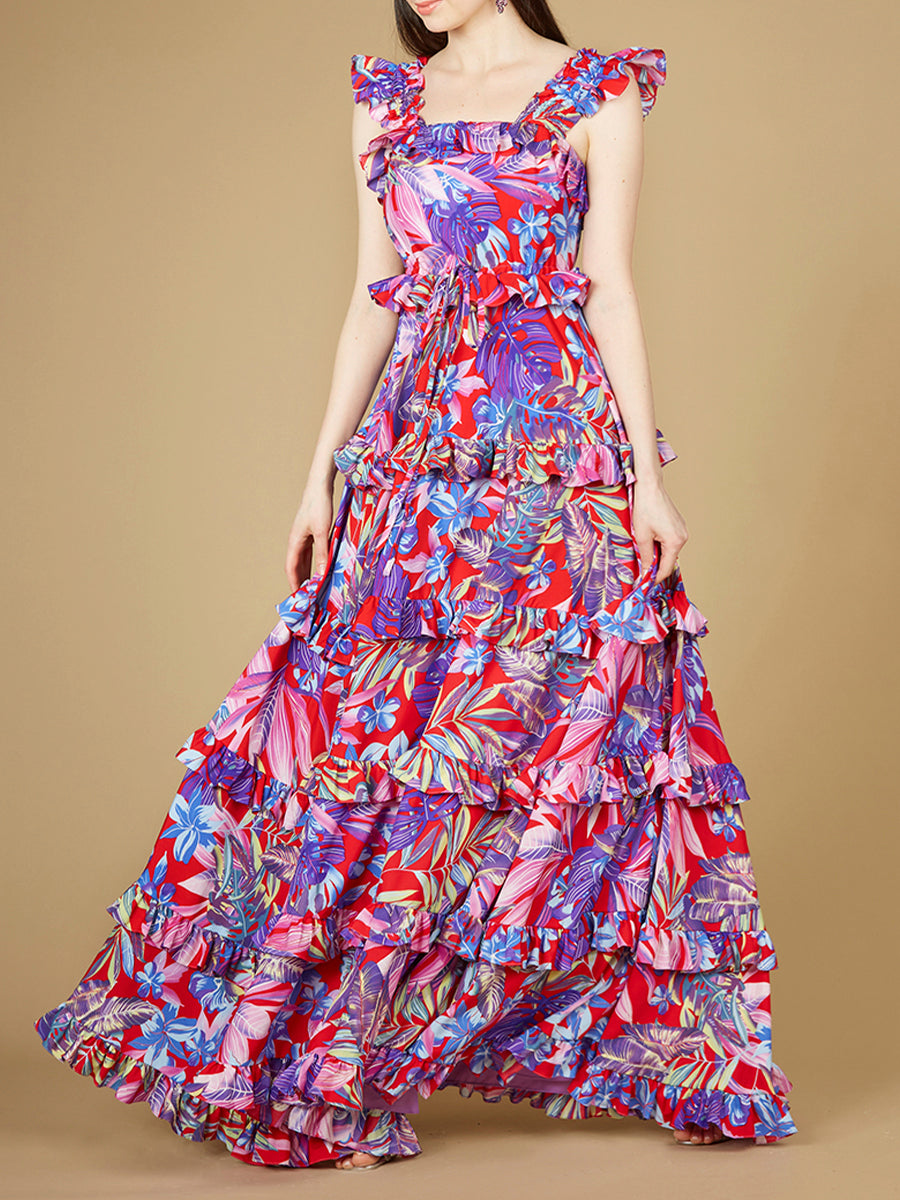Printed Gown with Ruffle Skirt - OUTLET - JUSTLUXURY