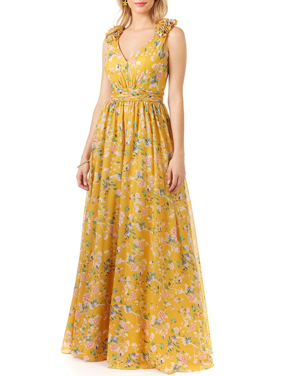 V-Neck Long Print Gown with Straps - JUSTLUXURY