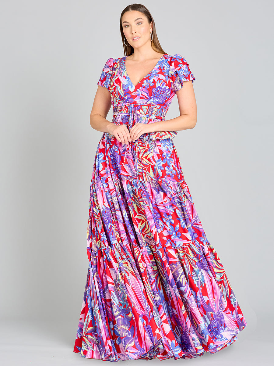 V-Neck Long Print Gown with Cap Sleeves - OUTLET - JUSTLUXURY