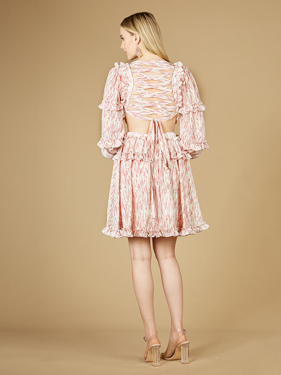 Print Cocktail Short with Cutout and Lace Up Back OUTLET - JUSTLUXURY
