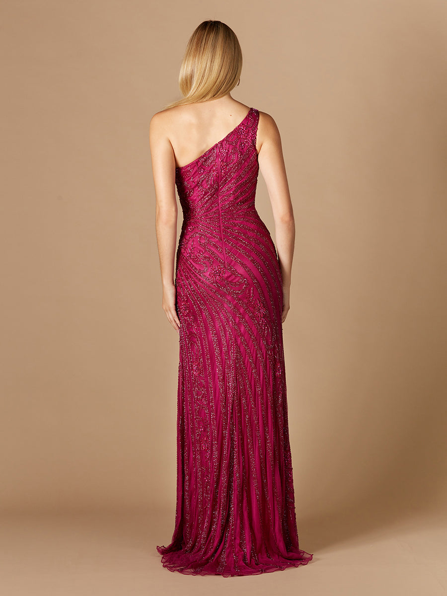 One-Shoulder Beaded Gown with Slit - JUSTLUXURY