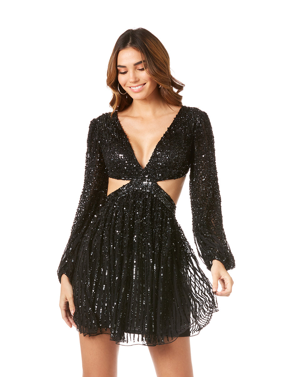 Long Sleeve Cut Out Dress with Lace Up Back - JUSTLUXURY