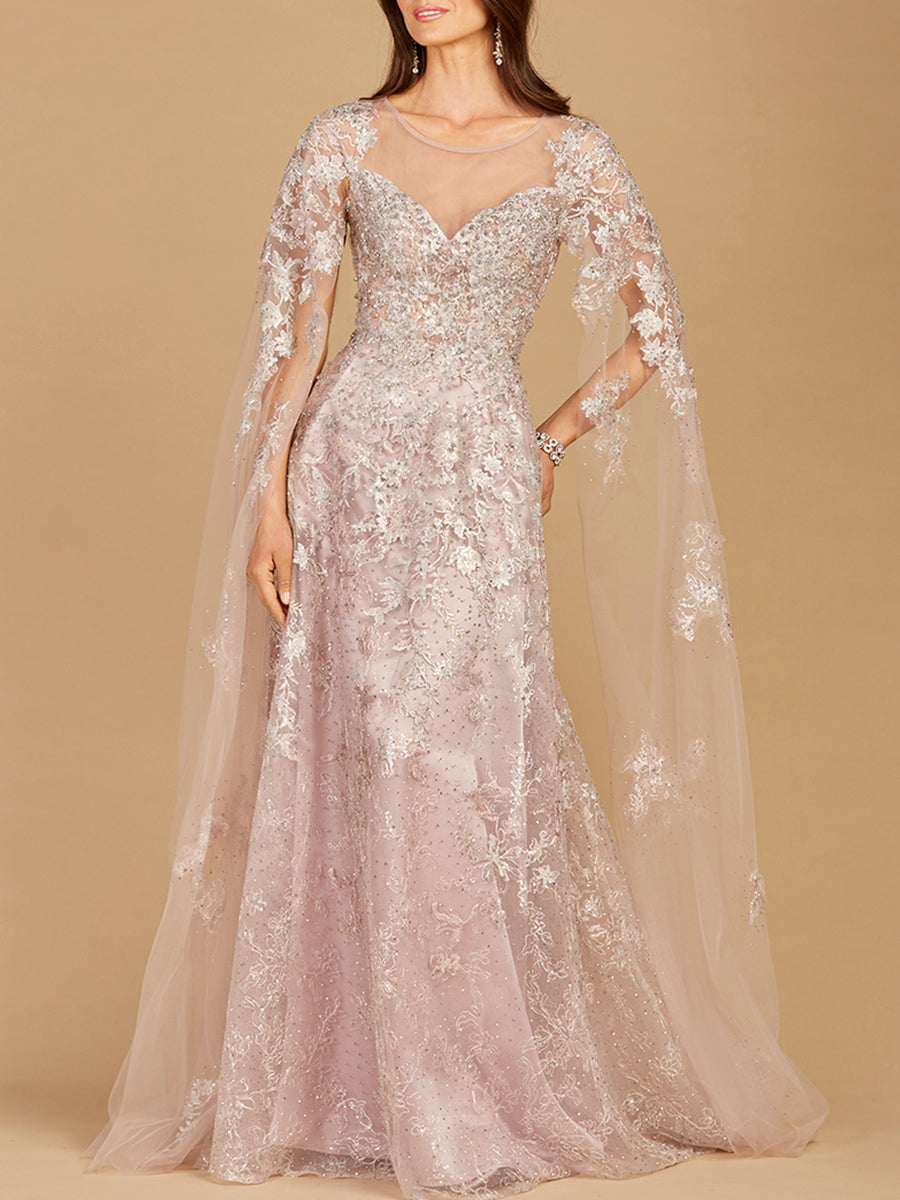 Lace Gown with Cape Sleeves, Sweetheart Neckline | 29300 - JUSTLUXURY