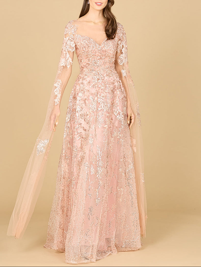 Lace Gown with Cape Sleeves, Sweetheart Neckline | 29300 - JUSTLUXURY