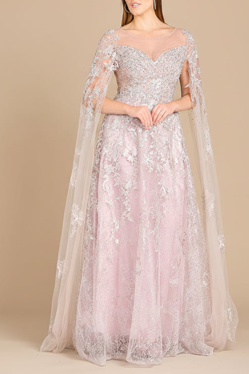 Lace Gown with Cape Sleeves, Sweetheart Neckline | 29300 - JUSTLUXURY