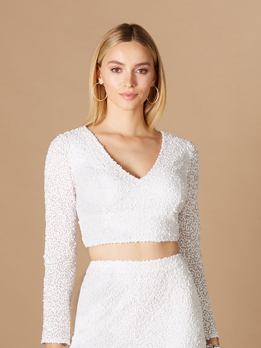 Long Sleeve V-Neck Beaded Top - JUSTLUXURY