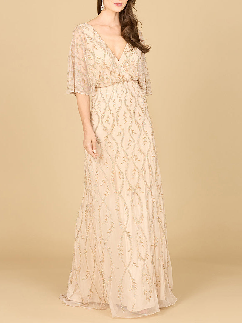 Illusion Cape Sleeve Beaded Gown - JUSTLUXURY
