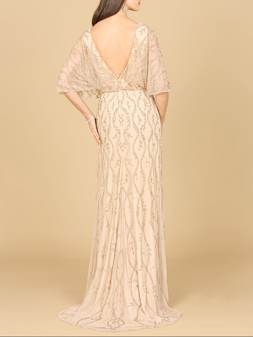 Illusion Cape Sleeve Beaded Gown - JUSTLUXURY