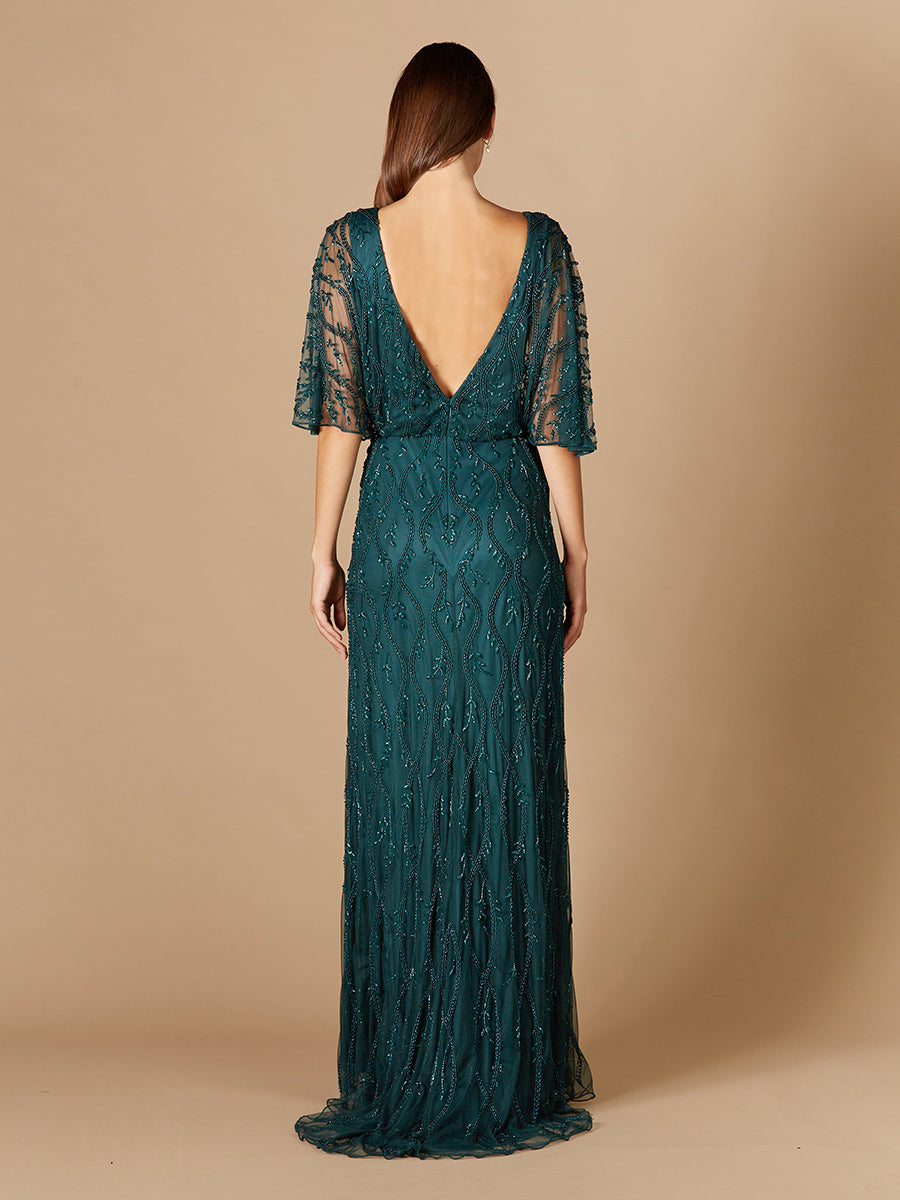 Illusion Cape Sleeve Beaded Gown - JUSTLUXURY