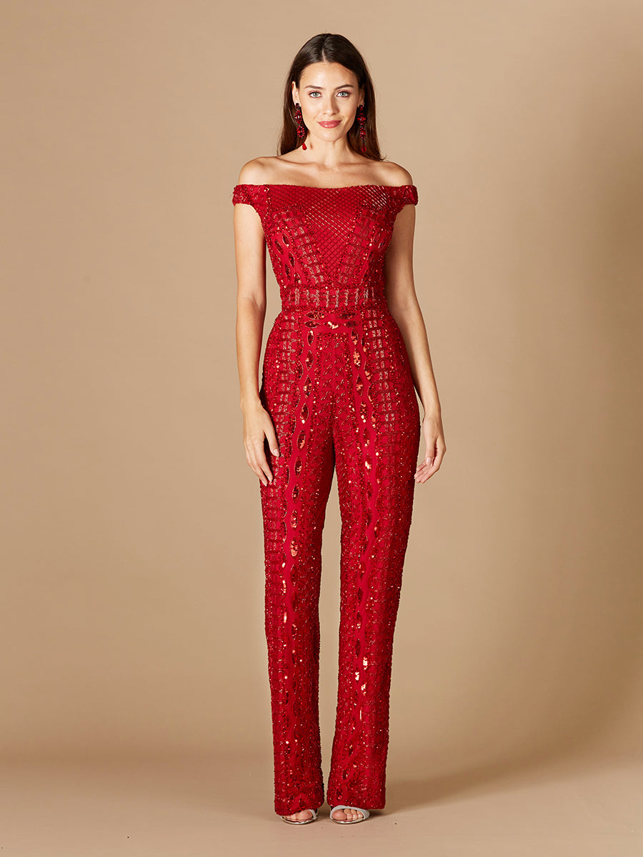 Beaded Off Shoulder Jumpsuit - JUSTLUXURY