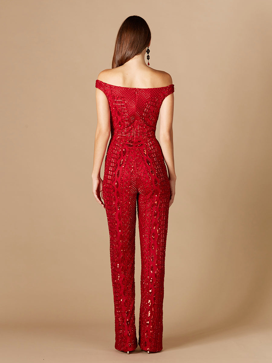 Beaded Off Shoulder Jumpsuit - JUSTLUXURY