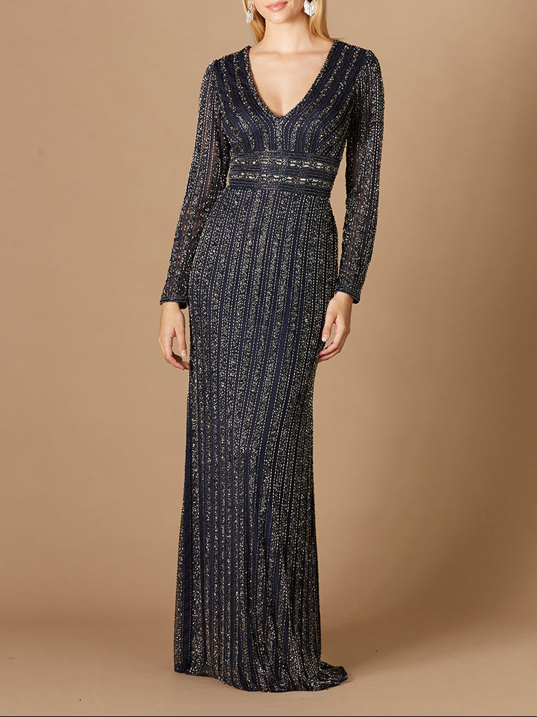 Long Sleeve Belted Beaded Gown - JUSTLUXURY