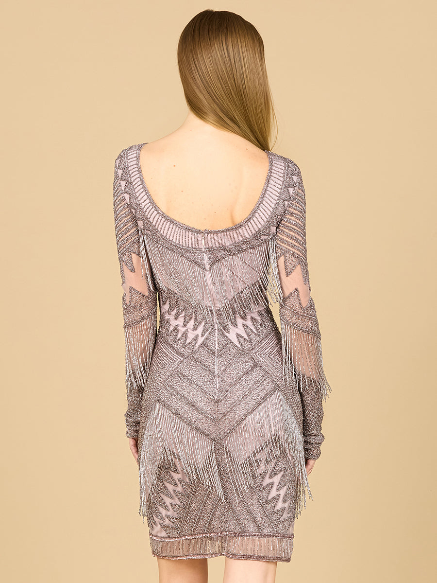 Long Sleeve Beaded V-Neck Fringe Cocktail Mini OUTLET - JUSTLUXURY
