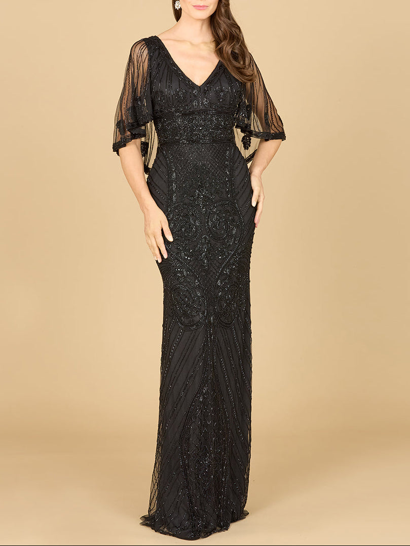 Cape Sleeve V-Neck Beaded Gown - JUSTLUXURY