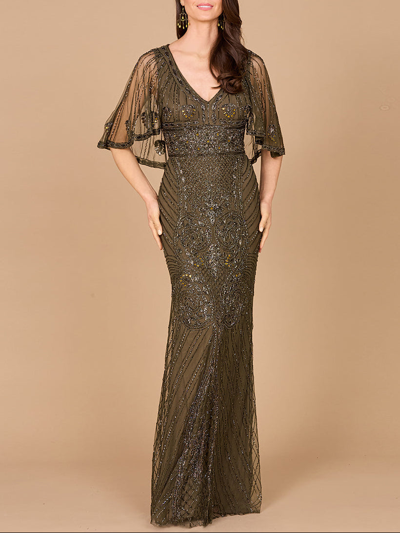 Cape Sleeve V-Neck Beaded Gown - JUSTLUXURY
