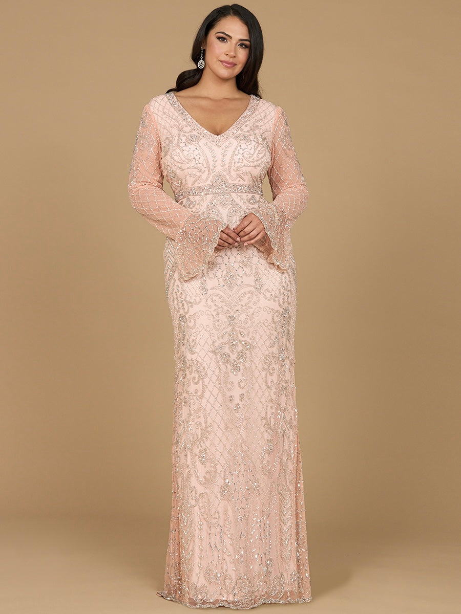 Long Bell Sleeve V-Neck Beaded Gown - JUSTLUXURY