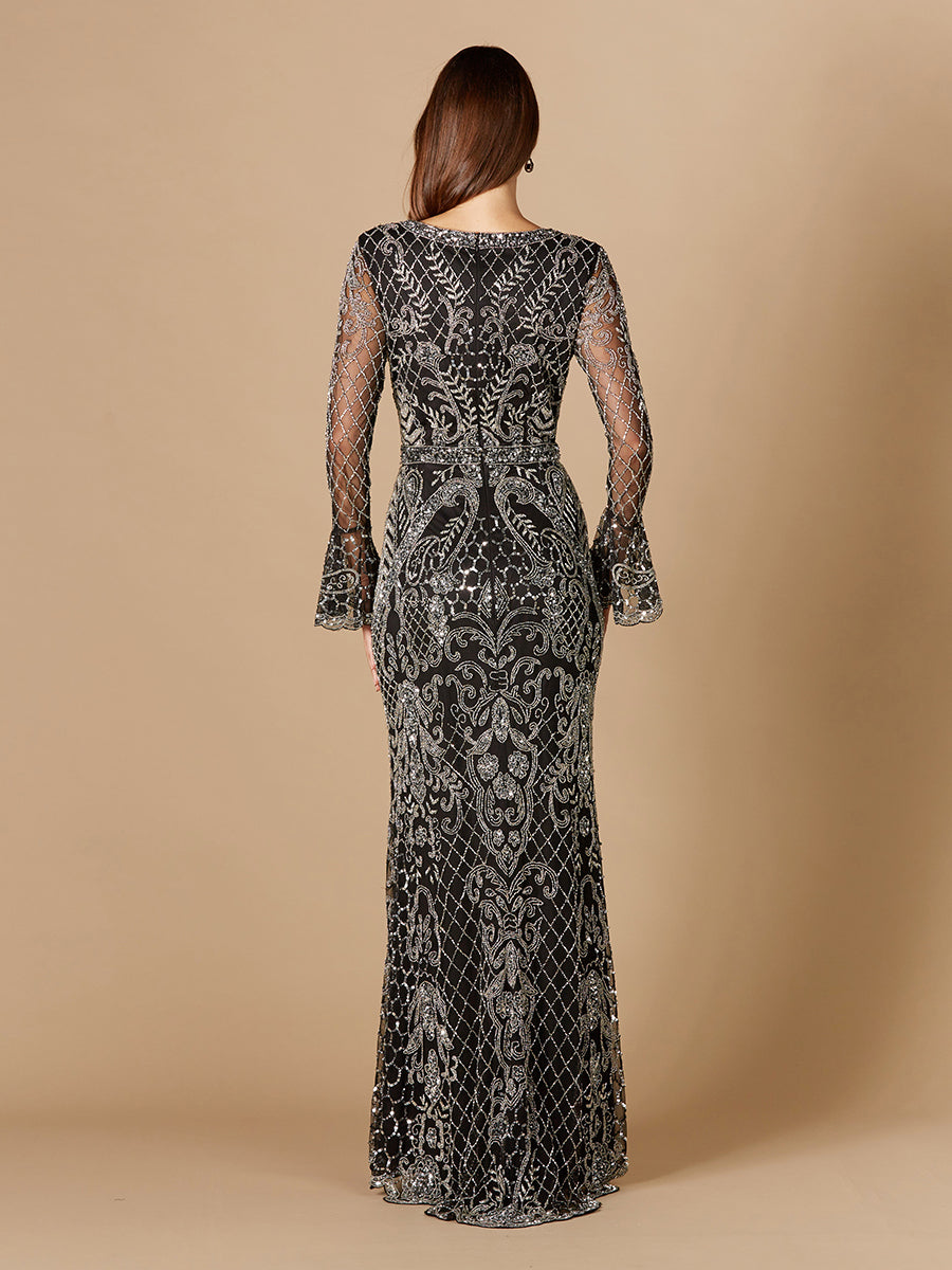 Long Bell Sleeve V-Neck Beaded Gown - JUSTLUXURY