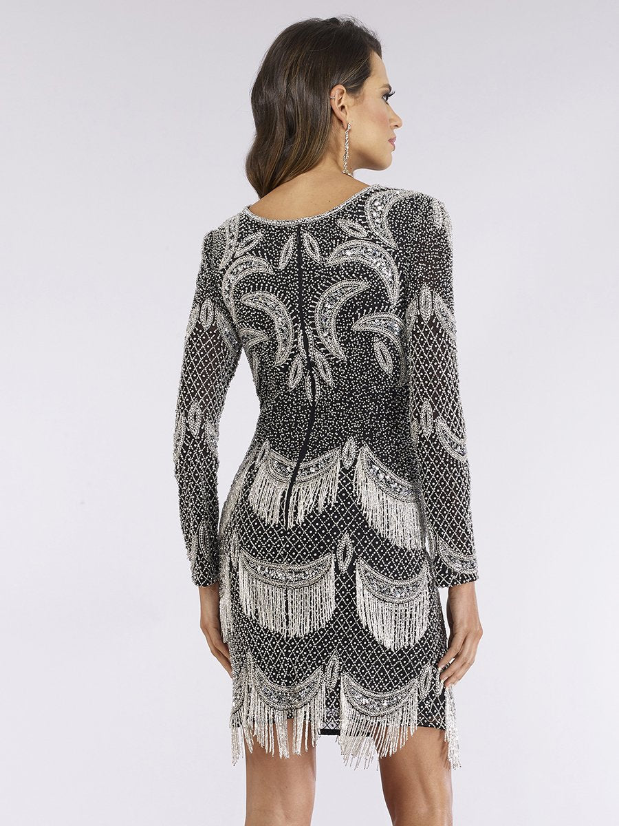 Lara 29377 - Long Sleeve Beaded V-Neck Fringe Cocktail Dress - JUSTLUXURY