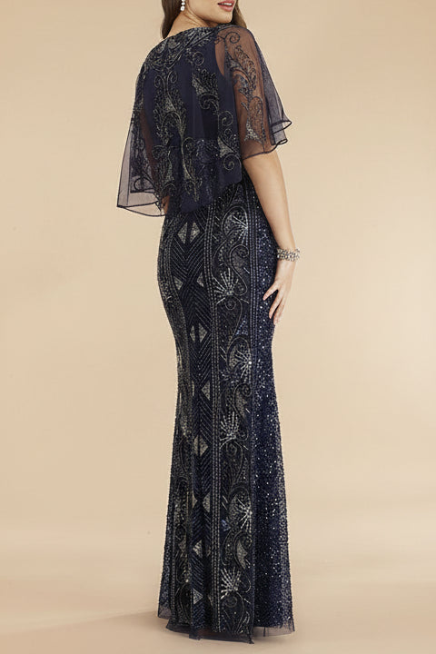 Lara 29393 - Cape Sleeve Beaded Gown - JUSTLUXURY