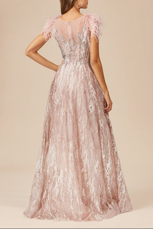 Lace ballgown with Feather Cap Sleeves - JUSTLUXURY