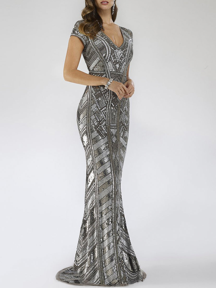 Lara 29540 - Body Con Beaded Silver Petite Dress - JUSTLUXURY