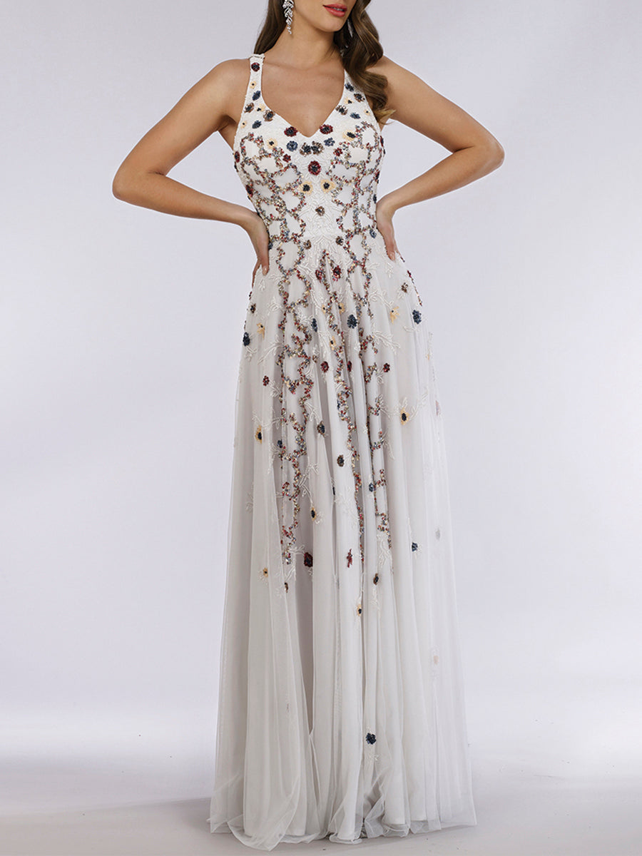 Lara 29544 - Beaded Dress with Open Cross Back and Flowy Skirt - JUSTLUXURY