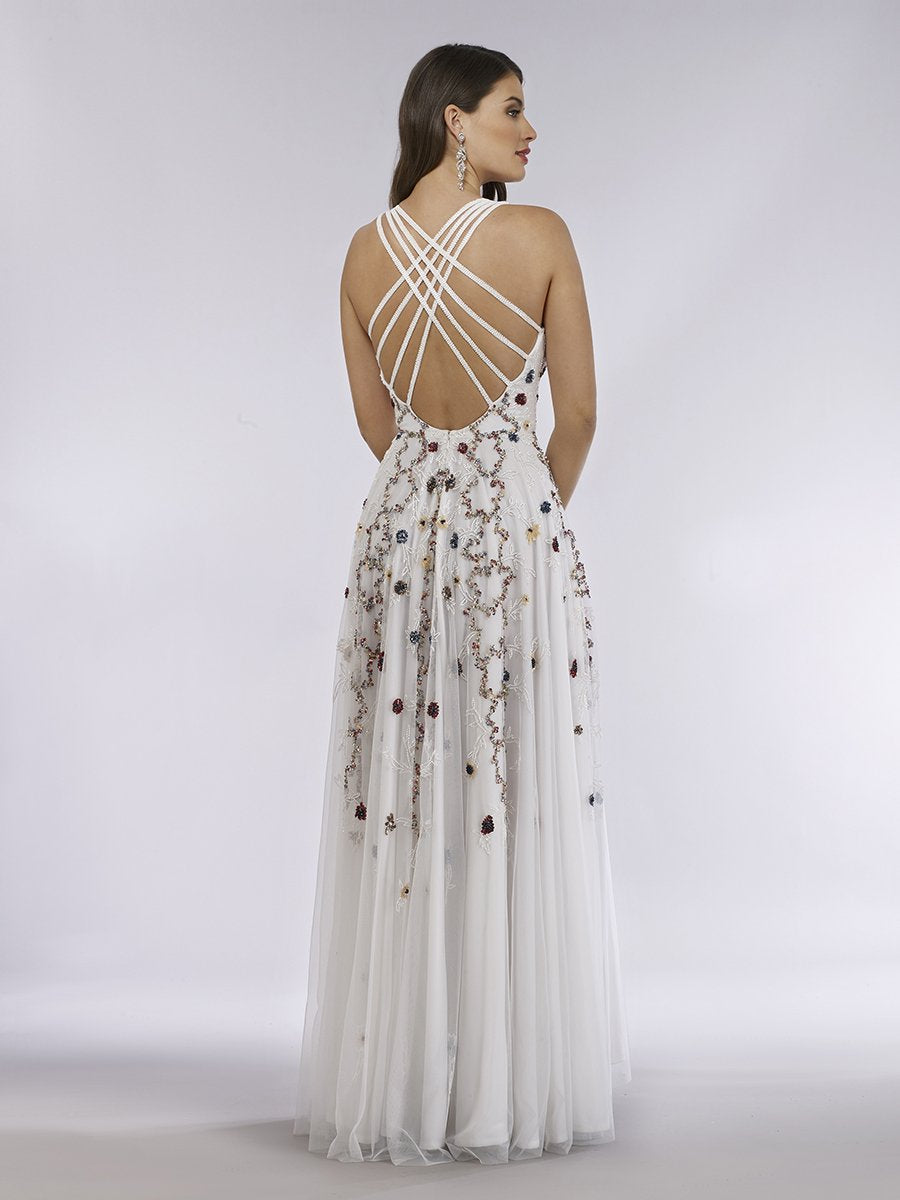Lara 29544 - Beaded Dress with Open Cross Back and Flowy Skirt - JUSTLUXURY