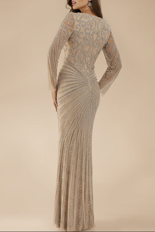 Lara 29602 - V Neck Beaded Long Sleeve Dress - JUSTLUXURY