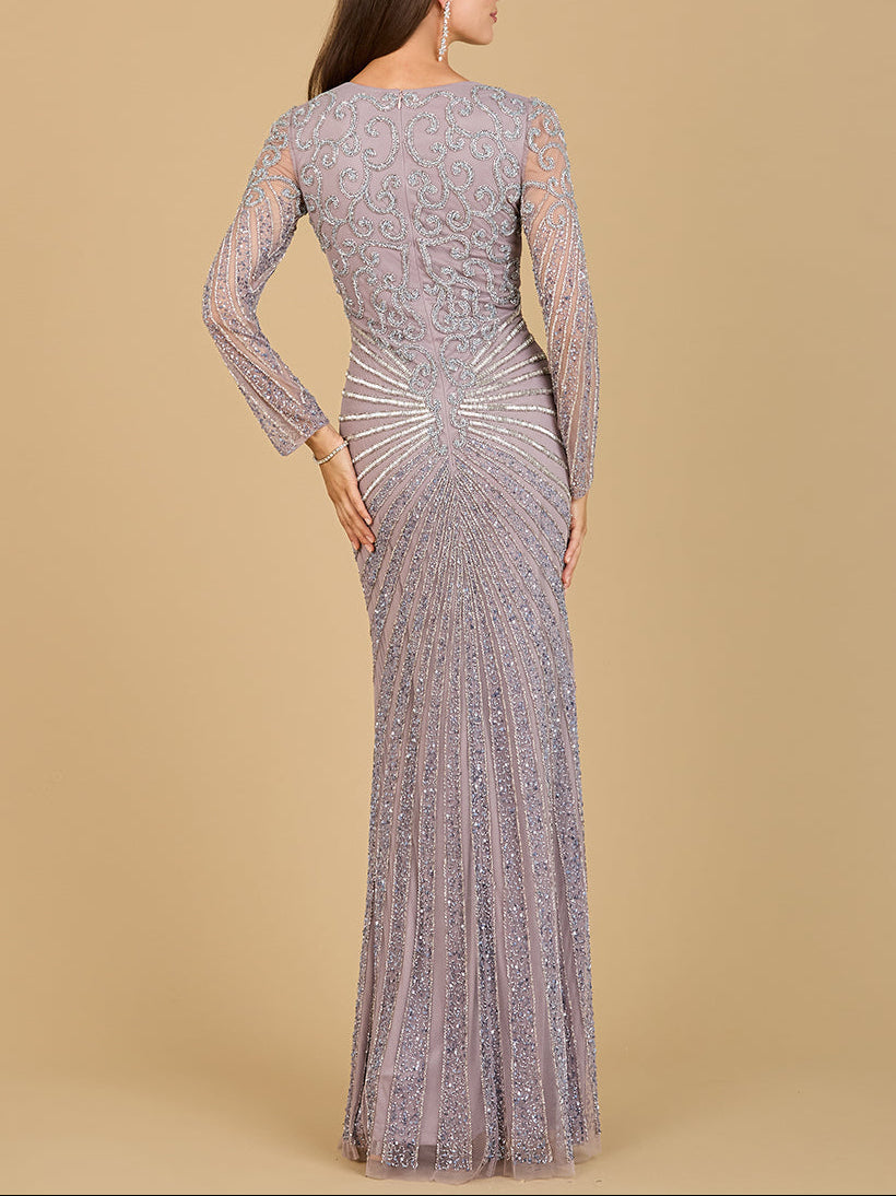 Lara 29602 - V Neck Beaded Long Sleeve Dress - JUSTLUXURY