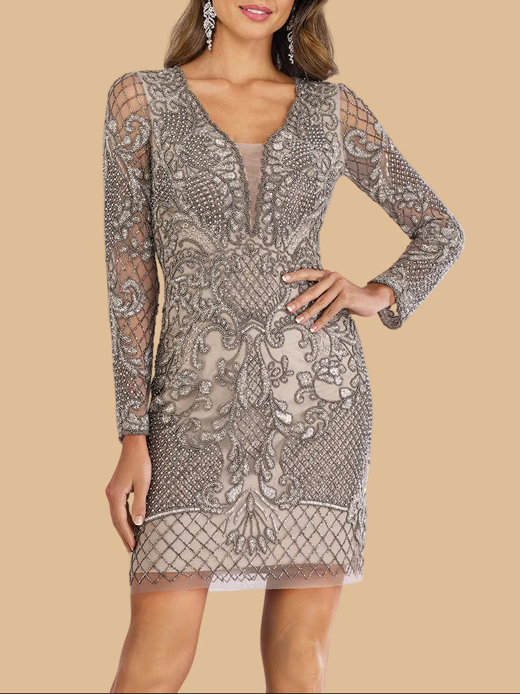 Lara 29610 - Long Sleeve Beaded Cocktail Dress - JUSTLUXURY