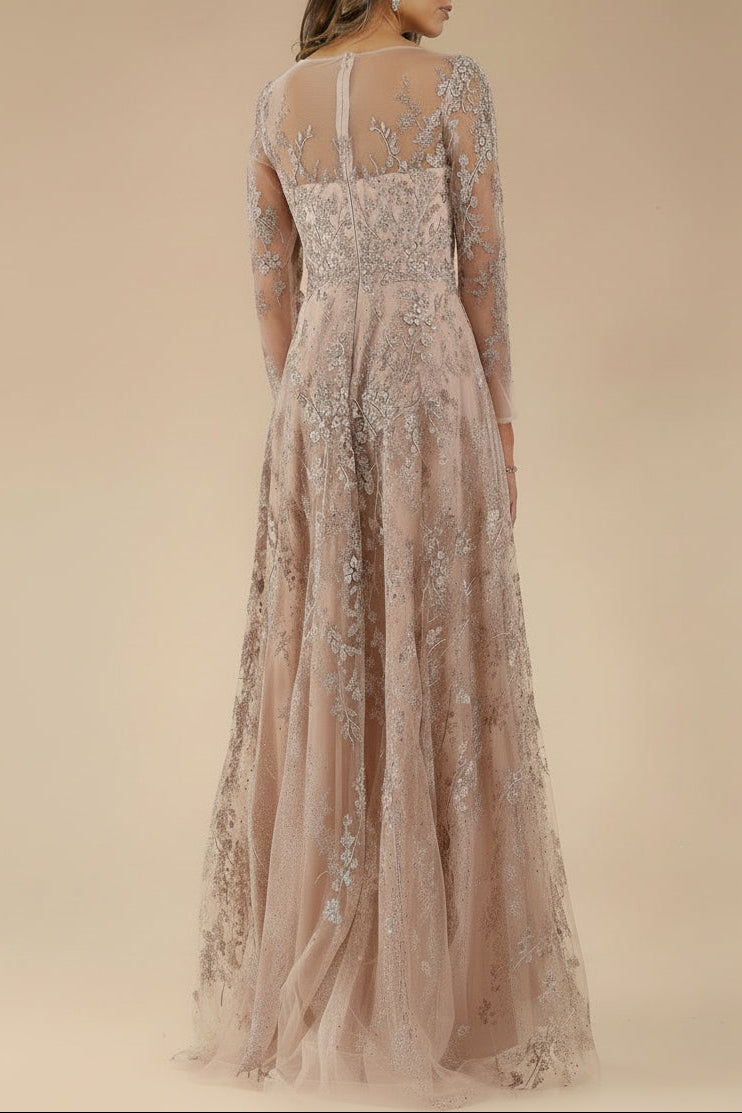 Lara 29677 - Illusion Neckline A-line Long Sleeves Gown - JUSTLUXURY