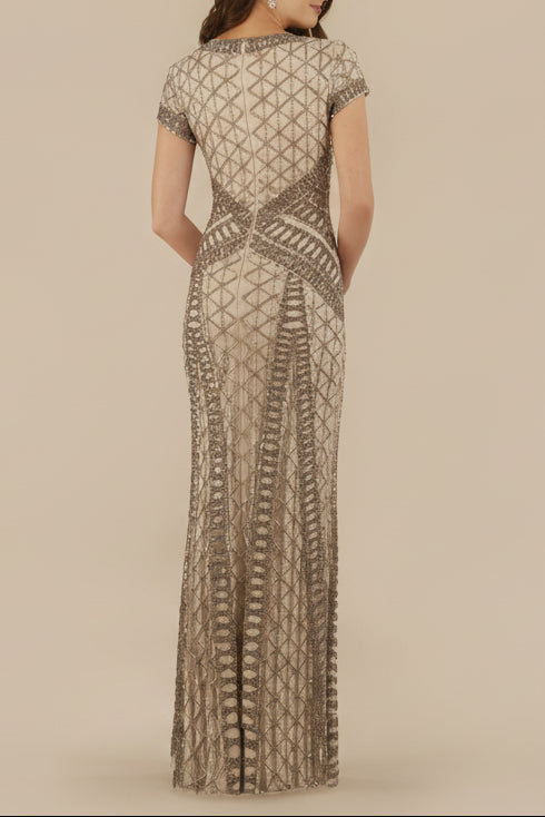 Lara 29746 - Beaded V-Neckline Dress with Cap Sleeves - JUSTLUXURY