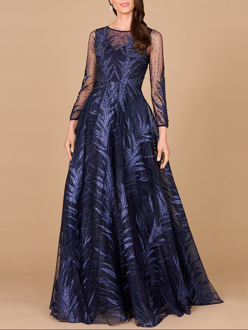 Lara 29761 - High Neck Sheer Long Sleeve Embellished Gown - JUSTLUXURY
