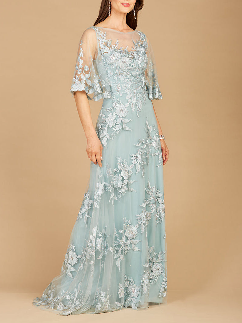 Cape Sleeves A-line Lace Gown - JUSTLUXURY