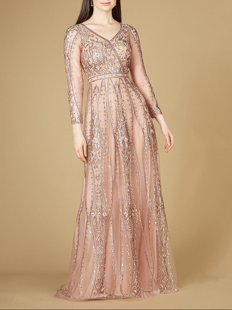 Lara 29788 - Long Illusion Sleeves, A-line Long Gown - JUSTLUXURY